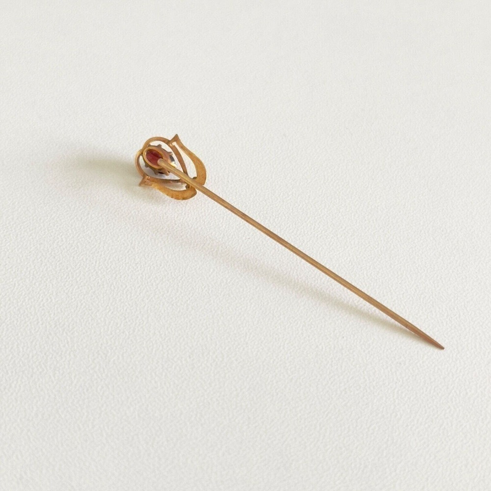 Antique 14k Yellow Gold Garnet Seed Pearl Stick Pin - Picture 5 of 13